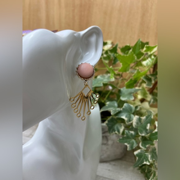 Gold & Pink Art Nouveau-Inspired Dangle Earrings - Trendy Retro Earrings - Picture 9 of 12